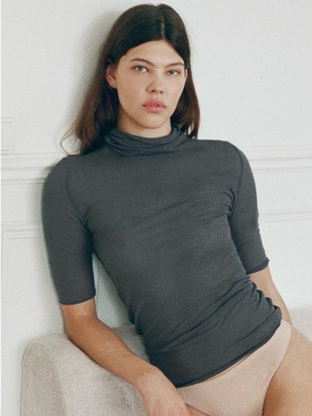 ZARA Charcoal Gray Short-Sleeve Turtleneck Top Sheer Medium